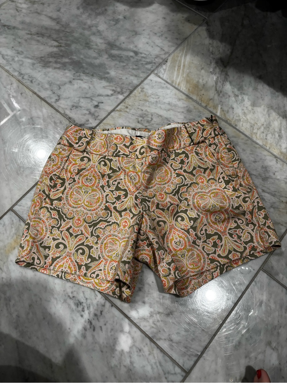 J. Crew Paisley Print Shorts in Olive & Peach Tones
